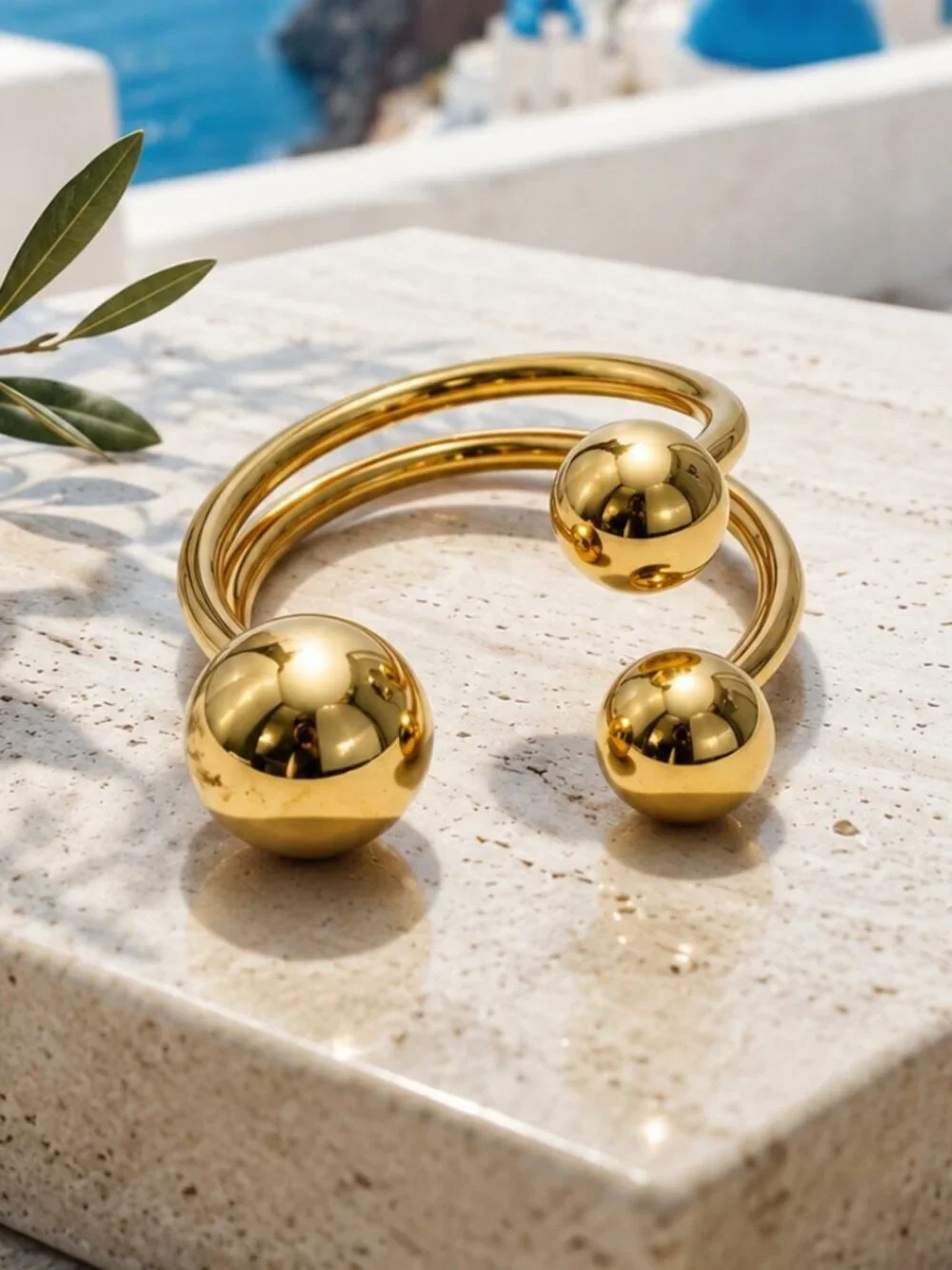 18K Gold Plated Stainless Steel Triple Ball Sphere Open Wrap Ring Minimalist 6